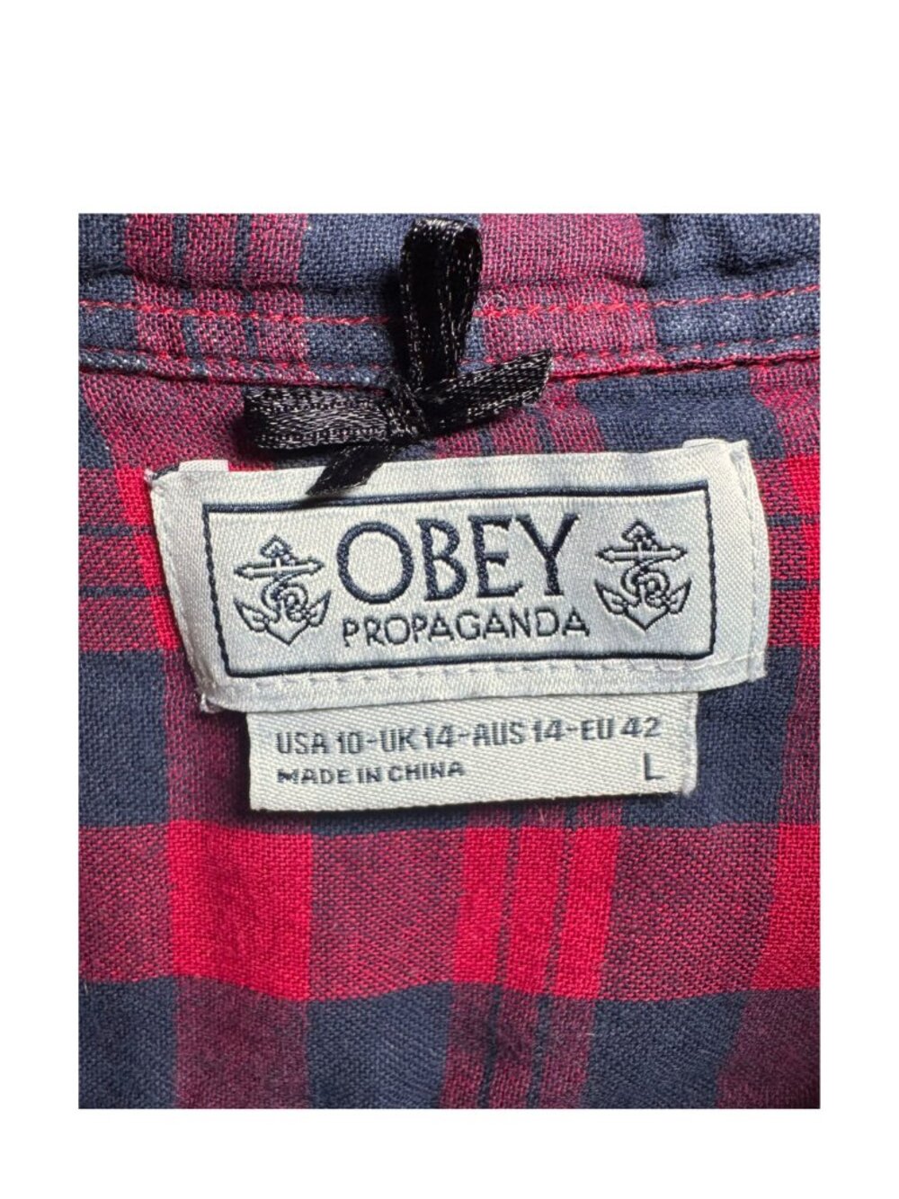 Obey Plaid Button Down Shirt Red Black Fitted Cotton Women’s Large - Picture 2 of 6